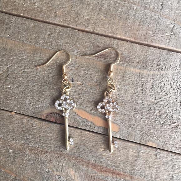 Handmade Jewelry - 3 for $25 Gold Rhinestone Key Earrings